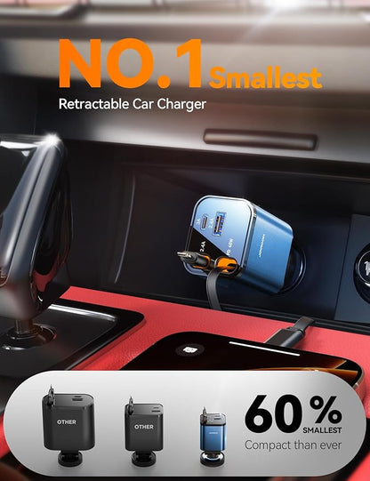[2025 Ultra-Compact] Retractable Car Charger USB C 84W Car Accessories Adapter for iPhone 16 Fast Charging, Car Travel Essentials Gifts for Women Men, Car Phone Charger for iPhone 16e 15 Pro Max, Blue