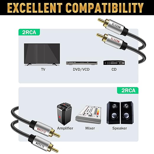 Elecan Premium RCA Cable 50 Ft (Hi-Fi Sound-16 AWG-Shielded) 2 RCA Male to 2 RCA Male Stereo Audio Cable, Gold Plated-Aluminum Alloy Shell-Pure Copper-Braided RCA Cord for Home Theater Speakers + Ties