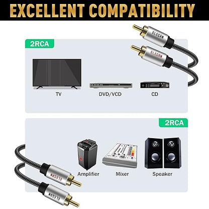 Elecan Premium RCA Cable 25 Ft (Hi-Fi Sound-16 AWG-Shielded) 2 RCA Male to 2 RCA Male Stereo Audio Cable, Gold Plated-Aluminum Alloy Shell-Pure Copper-Braided RCA Cord for Home Theater Speakers + Ties
