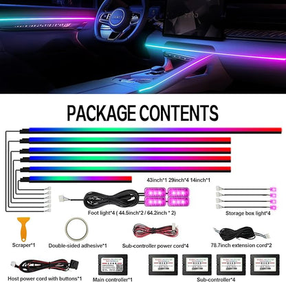 Dreamcolor Acrylic Interior Car LED Strip Light with Wireless APP Control, RGB 14-in-1 Ambient Lighting Kit with Music Sync, Dynamic Color Chasing Neon Lights for Car Interior