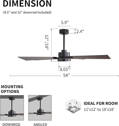 WINGBO 54 Inch Ceiling Fan with Light and Remote, 4 Plywood Blades, 6-Speed Reversible DC Motor, Dimmable, 3CCT, Farmhouse Ceiling Fan for Bedroom Living Room Kitchen, Black and Walnut/Shadowed Walnut