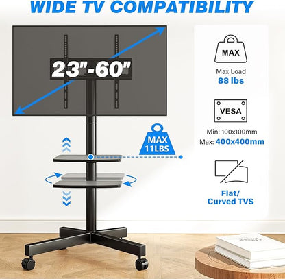Rfiver Mobile TV Stand for 23-60 Inch LCD LED Flat/Curved Panel Screen TVs up to 88 lbs, Rolling TV Stand with Adjustable Shelf & Tilt, Portable Floor Stand on Wheels for Bedroom, Living Room, Office
