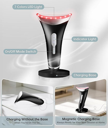 Dopsikn 7 Color Light Therapy Facial Massager with Adjustable Vibration and Thermals for Wrinkles, Double Chin, Red Light Skin Care Tool with Base, Black