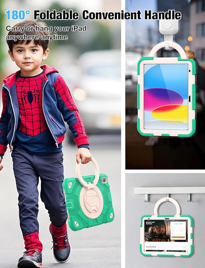 SCSVPN for iPad (A16) 11th/10th Generation Case 11 inch 2025/10.9 inch 2022, Rugged Shockproof Protective Silicone Case for Kids with Pencil Holder, Rotate Stand & Handle, Shoulder Strap - Mint Green