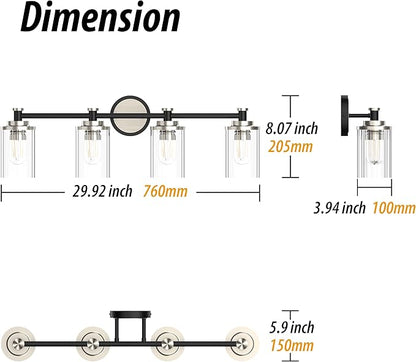 PHIXART Bathroom Lighting Fixtures Black and Brushed Nickel Bathroom Vanity Light with Cylindrical Clear Stripes Glass Lampshade E26 Socket Base Bathroom Lighting Fixtures Over Mirror (4 Lights)