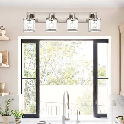 WINSHEN 4-Lights Bathroom Vanity Light Fixtures in Brushed Nickel, E26 Socket Wall Sconce Lighting Fixtures with Clear Glass Shades for Over Mirror Bedroom Living Room Cabinet
