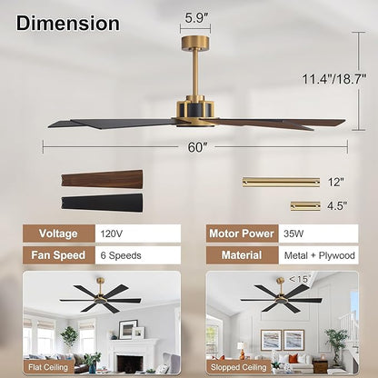 WINGBO 60 Inch Ceiling Fan without Light - 6 Plywood Blades, 6-Speed Reversible DC Motor, Noiseless Remote Control Ceiling Fan No Light for Bedroom Living Room Kitchen, Gold and Walnut/Black