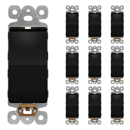 LIDER Minimalist Design Matte Finish Lighted Decorator Switch, Frameless Paddle Light Switch with Locator Light, Grounding Screw,15A 125V, UL Listed, LS15-1P-BK10P, Black, 10 Pack