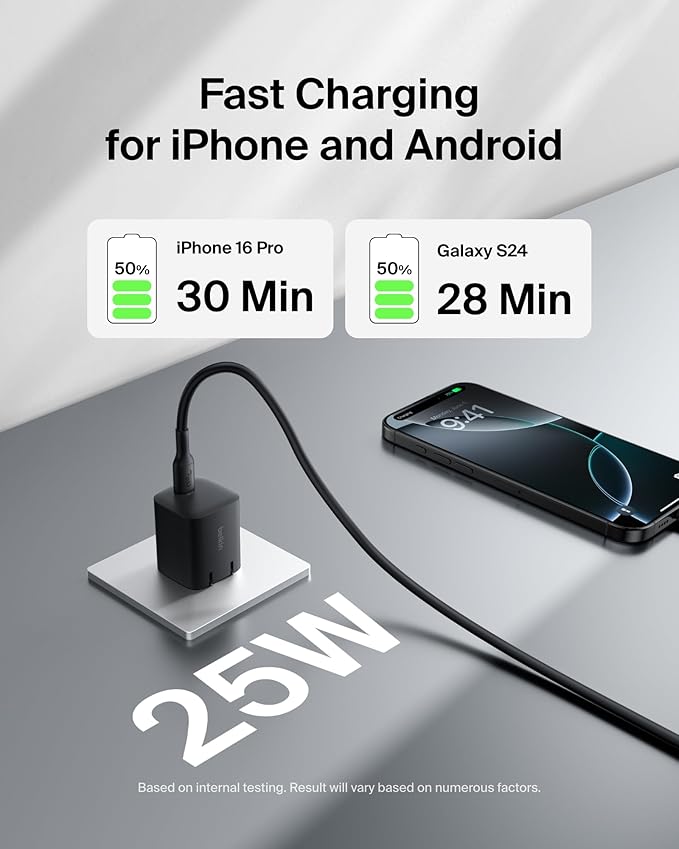 Belkin USB C Charger Block 25W – PD3.0 PPS Super Fast Charging - Samsung Galaxy S25, S24, S23, S22, Apple iPhone 16, iPhone 15/14/13 Plus, Pro, Pro Max, Google Pixel 9, Nintendo Switch, etc - Black