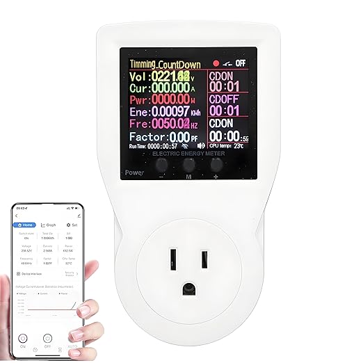 WiFi Smart Plug with Energy Monitoring Electricity Usage Monitor with LCD Display Smart Metering Socket for Home Appliances AC85‑265V US Plug 16A Maximum Current 3680W