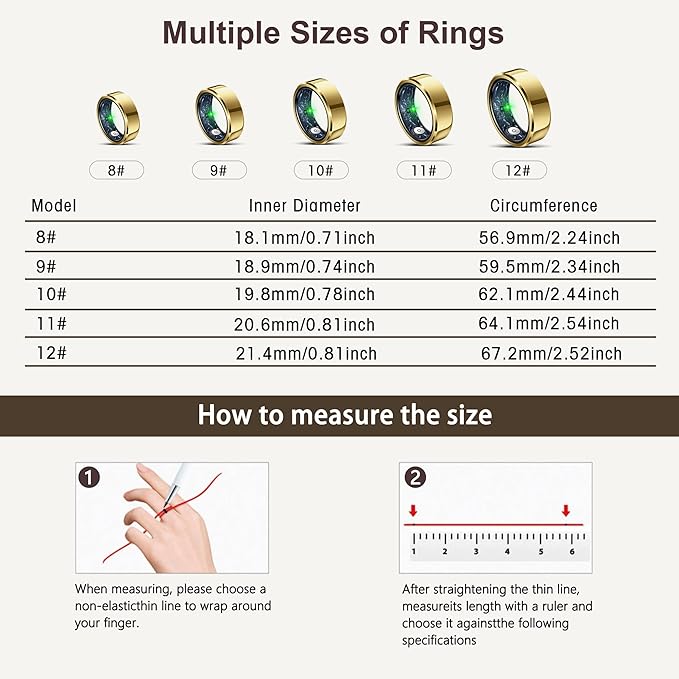 RIFESI Smart Ring for Women Men, Fashion Minimalist Fitness Ring & Sleep Tracker Ring with Heart Rate, Blood Pressure,5ATM Waterproof Health Ring, No Subscription, Gifts for Women Men Gift (Gold,12)