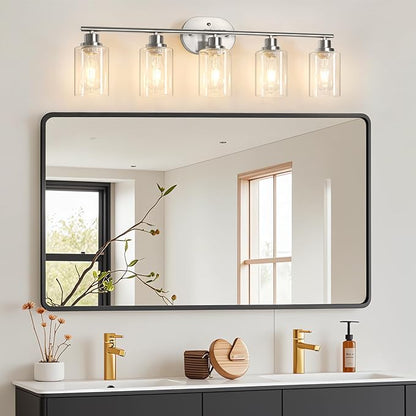 Unicozin Bathroom Light Fixtures, 5 Light Vanity Lights for Bathroom, Brushed Nickel Wall Lamp with Clear Glass for Mirror, Living Room, Hallway, Cabinet, E26 Base