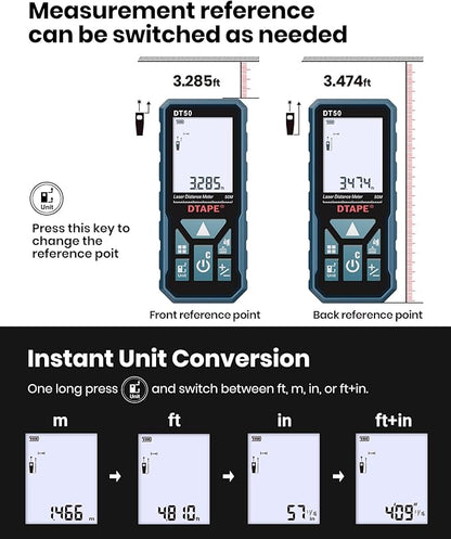 Laser Measure, DTAPE 330 Ft Digital Laser Distance Meter, Upgraded High-Accuracy Laser Measuring Tool, Electronic Tape Measure, 2" Backlit LCD Display, Area/Volume/Indirect Measurement, in/Ft/Ft+in/M