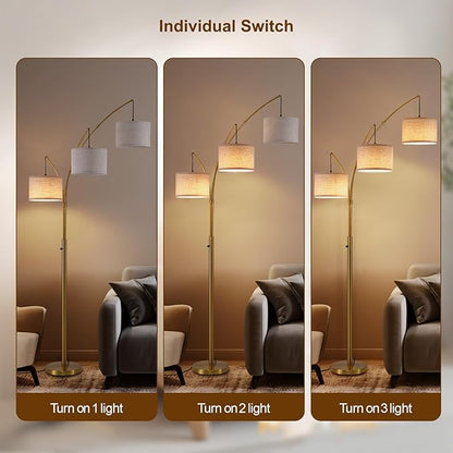 Fansdrick Gold Floor Lamps for Living Room, Super Bright Arc Floor Lamp with Remote Control, 3 Light Tall Floor Lamps with Stepless Dimmable, 80" Mid Century Tree Floor Lamp for Bedroom, Office