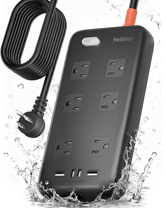 Iwister Outdoor Power Strip Weatherproof IPX6,Iwister 15 Ft Extension Cord,4 USB Ports & 6 Wide Outlets for Multiple Devices,Wall Mountable for Yard,Workshop,Poolside,RV Camping,Black