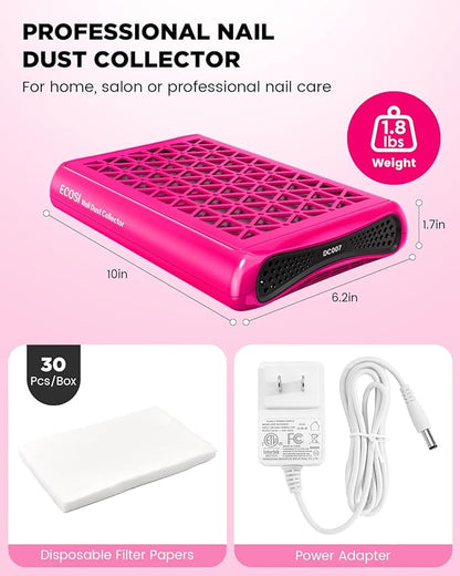 ECOSI Nail Dust Collector, Dual Turbo & 1600PA Professional Vacuum Fan Dust Extractor with 30 Pcs Filter Papers, 8000RPM 10-Level Adjustable Suction for Manicure, Salon Nail Tech & Home