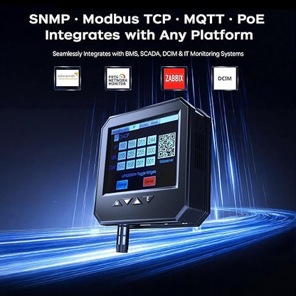 Ethernet Server Room Temperature Monitor, PoE Server Rack Temperature Humidity Sensor with Web Interface, SNMP Modbus MQTT Support, Dual Power, IP55, Data Logging, Alarm & Relay Output