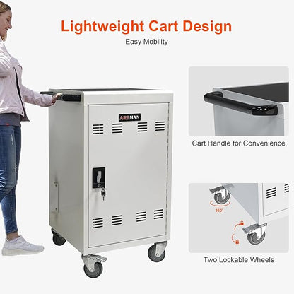 Aokleo Laptop Charging Cart,32 Devices Tablet Storage Carts for Pad Up to 16.3" Screen Size, Classroom Computer Mobile Charging Station for Pads,Chromebooks,Laptops,Security Storage (30+2 Bay-White)