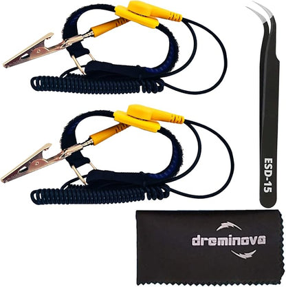 Safe ESD Anti Static Wrist Strap Band Long Earthing Wristband Grounding Bracelet for ESD Mat Computer PC Building Electronics Repair Ground wire cord with Metal Alligator Clip By DREMINOVA