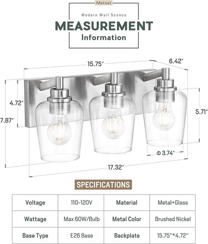 METWET Bathroom Light Fixtures, 3-Light Modern Vanity Light with Clear Glass Wine Glass-Shaped Shade, Vanity Lighting Fixtures Over Mirror, Brushed Nickel, VL155-BN-3