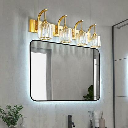 FDPBY 4-Light Crystal Vanity Light, Modern Gold Bathroom Wall Sconce with K9 Crystal Shades, 32.67" Long Over Mirror Lighting for Vanity, Makeup, Hallway, Elegant & Easy Install
