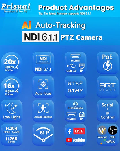 Prisual NDI 6.1.1 PTZ Camera, Ai Auto-Tracking, 20x Optical Zoom LAN USB3.0 PoE HDMI PTZ Camera for Church Services Worship Education Live Events(Official NDI Certified) PT20X-UL-N