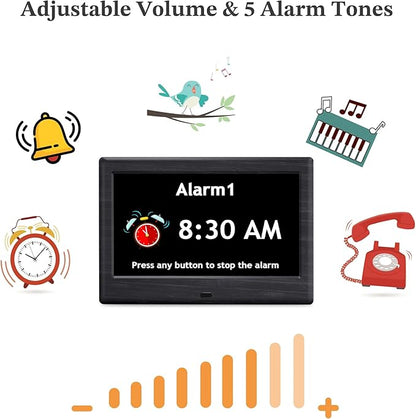 7'' Digital Clocks, 12 Reminders & 6 Alarms, Dementia Clock with Date and Time for Elderly, Auto-Dimming, Button & Remote Control, Auto DST, Digital Calendar for Seniors Large Display, Black Woodgrain