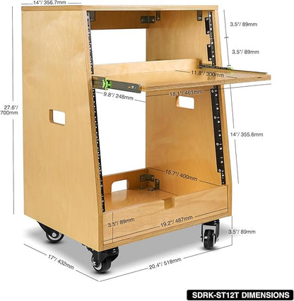 Sound Town DIY Slanted 12U Studio Rack (4U Top + 8U Lower), with 2U Bottom Storage, Slide-Out Tray, Caster, Plywood, Golden Oak for Recording Room, Home Studio (SDRK-ST12T)