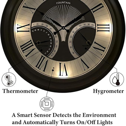 FOUNTAIN DESIGNS 24 Inch in/Outdoor Wall Clock with Temperature and Humidity Combo, Large Outdoor Clock for Patio Large Waterproof with Thermometer,Antique Hamilton Gold Metal
