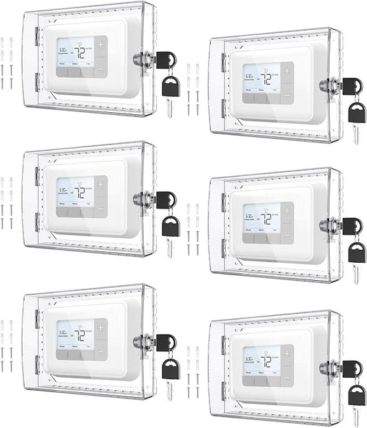 AUURIO 6 PCS Upgraded Thermostat Lock Box with Key, Large Space Thermostat Cover Seamless Anastomosis, Clear Decorative AC Lock Box Cover on Wall Fits Thermostats 4.8" H x 6" W or Smaller