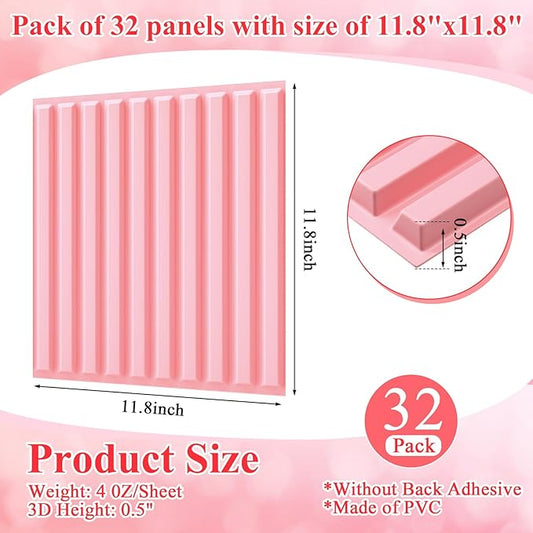 Nuanchu 32 Pcs 3D Slat Wall Panels 12 x 12 Inch PVC Fluted Textured Panel Cuttable Paintable DIY Wall Art Decorative Tiles for Ceiling Studio Bathroom Interior TV Background (Pink)