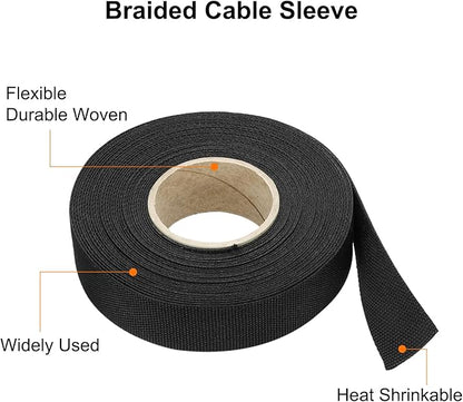 MECCANIXITY Braided Cable Sleeves Heat Shrinkable Fabric Sleeving, 7/8" 40ft Black 2:1 Ratio Heat Shrinkable Cord Protector for Harness Cable, Network Cable Protection, Cable Management