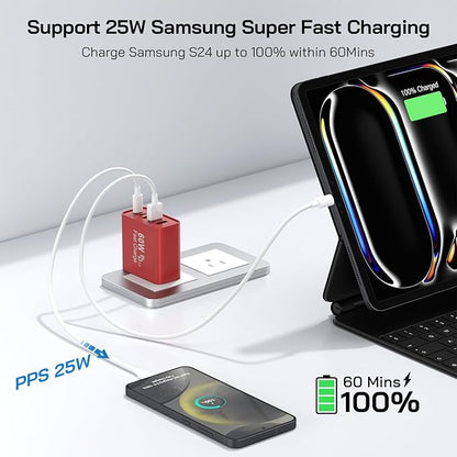 2Pack USB C Fast Charger Block, Total 60W 5-Port USB C Wall Charger 30W Type C Charging Block, 2USB C+3USB A PD 3.0 Multiport Charging Cube for iPhone 17 16 15 14 Pro Max, G-alaxy S25 S24 Ultra, i Pad