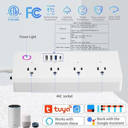 UseeLink WiFi Smart Power Strip,Surge Protector with 3 USB Ports 1 Type C (PD 20W) & 4 AC Outlets Compatible with Alexa, Google Assistant Voice Control, No Hub Required White