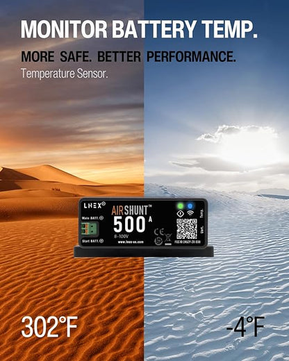 LNEX Bluetooth Battery Monitor, 500A Smart Shunt with Temp Sensor for 8-100V Lifepo4, Lithium Sealed, Gel, Flooded Battery