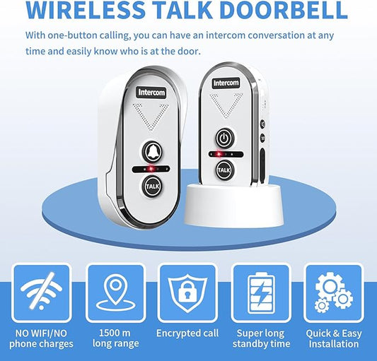 PANDAAR Doorbell Wireless for Home, Wireless Intercom System 4900ft Long Range Waterproof Doorbell Intercom with Rechargeable Battery for House Classroom Business(Black) (1 Indoor&1 Outdoor-White)