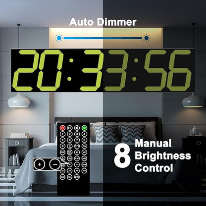 CHKOSDA Digital Wall Clock, Oversize Digital Clock with Auto Dimmer, Huge Countdown Timer with Remote Control, 27" Wide Led Display, 6 Digits, Wall Mount, Date and Temperature（Yellow）