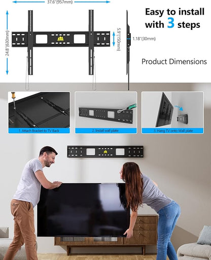 FORGING MOUNT Heavy Duty Fixed TV Wall Mount Holds up to 275Lbs for 55-120 inch TVs 3-Stud Low Profile TV Mount Ultra Slim Universal Bracket Fits 16"/18"/24" Studs MAX VESA 900x600mm- Easy DIY Install