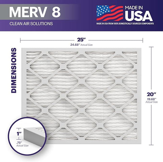 BNX TruFilter 20x25x1 Air Filter MERV 8 (6-Pack) - MADE IN USA – Dust & Pet Defense Electrostatic Pleated Air Conditioner HVAC AC Furnace Filters for Dust, Pet, Mold, Pollen MPR 600 – 700 & FPR 5