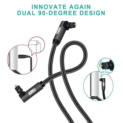 EMK 【Upgraded】 Double 90 Degree Optical Audio Cable Free-Rotating Toslink Plug Nylon Braided S/PDIF Digital Right Angle Optical Male to Male Cable for Home Theater,Sound Bar,TV(3.3ft/1m)