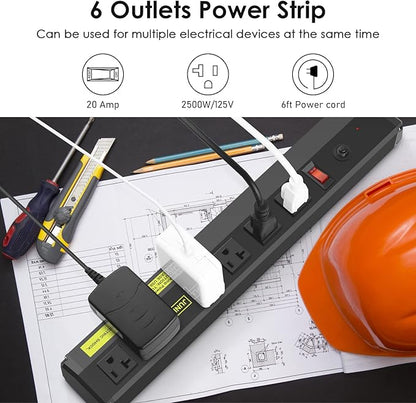 JUNNUJ Heavy Duty Metal Power Strip 20 Amp, High Amp Surge Protector 6 Outlet, 20A Power Strips Workshop Industrial Outlets Wide Spaced 6-20R T-Slot with Circuit Breaker, 12 Gauge Extension Cord 10ft