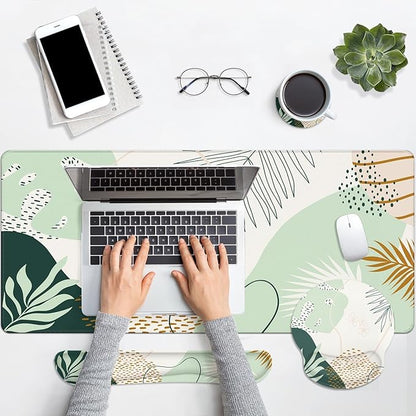 Britimes Green Boho Leaves Keyboard Mouse Pad Set 4in1 Large Mousepad+Keyboard Wrist Rest+Mouse Wrist Rest+Coaster Set with Ergonomic Design for Home Office Computer 35.4x15.7 inches