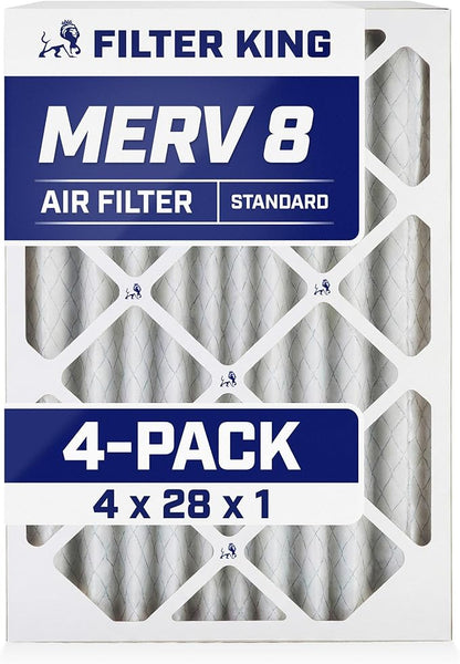 Filter King 4x28x1 Air Filter | 4-PACK | MERV 8 HVAC Pleated A/C Furnace Filters | MADE IN USA | Actual Size: 4 x 28 x .75"