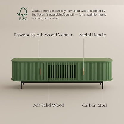 POVISON Fully-Assembled Modern Green TV Stand with Tambour Doors, Fluted TV Media Console for 75 Inch TVs, Sliding Door Entertainment Center with Storage for Living Room (Green, 78.74")