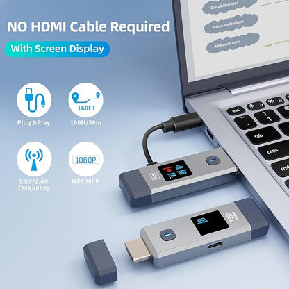 Wireless HDMI Transmitter and Receiver 328ft/100m for 4K Decode Input 1080P Output Plug&Play Portable 2.4G/5.8G for Video and Audio to Monitor from PC/Projector/TV Box, with Display Screen