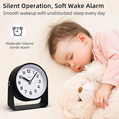 TIMESS Analog Alarm Clock, Silent Non-Ticking Quartz Movement, Battery-Operated with Snooze & On-Demand Light, Easy to Set Gentle Wake Bedside Desk Clock, Ideal for Home, Travel, Office (Black)
