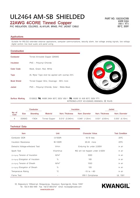 KWANGIL 4C 22AWG AMSB Shielded Cable Wire (UL2464) - Highly Flexible Str TC, PVC Ins, OS+TC BRD, PVC JKT for CNC Machine, Stepper Motor, VFD Spindle (Matte Black 100FT)