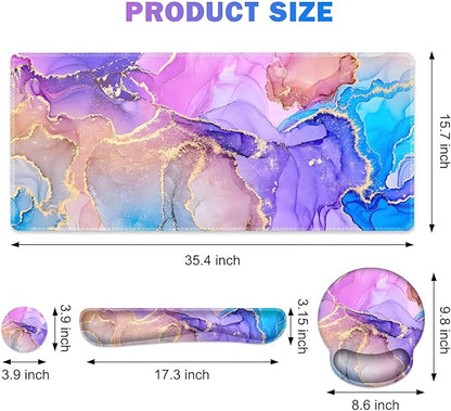 Gaming Mouse Pad, Large Desk Mat, Cute Desk Pad Protector, 4in1 XXL Mousepad + Keyboard Wrist Rest+Mouse Wrist Rest+Coaster Set with Ergonomic Desk Pad for Home Office PC Computer, Colorful Marble