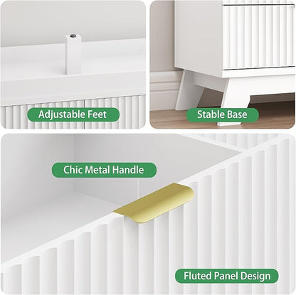 Fluted Dresser for Bedroom with 8 Drawers, 48" Wide Modern Chest of Drawers with Metal Handle, Wooden Dresser TV Stand, Wood Closet Clothes Storage Drawer Organizer for Living Room, Hallway, White