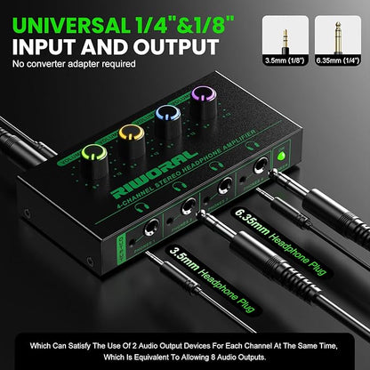 Riworal 4 Channels Headphone Amplifier with 3.5mm/6.35mm/ TRS Jack Input for Dj Mixer Amps Splitter with 8 Output Ports Separate Volume Control Output for Speaker Or Monitor Headphone